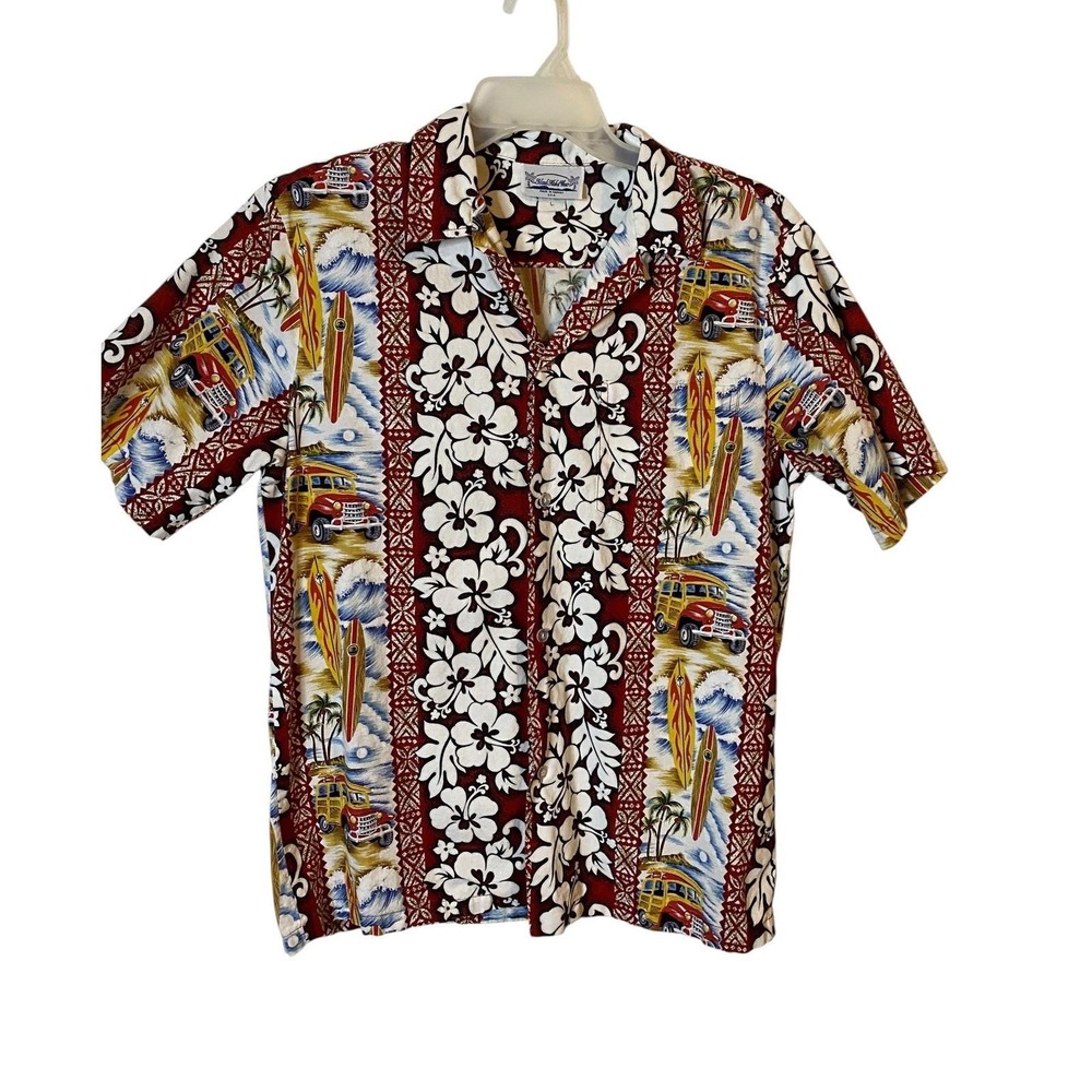 Island Aloha Wear Mens Large Red Floral Woodie Wagon Surfboard Hawaiian Shirt